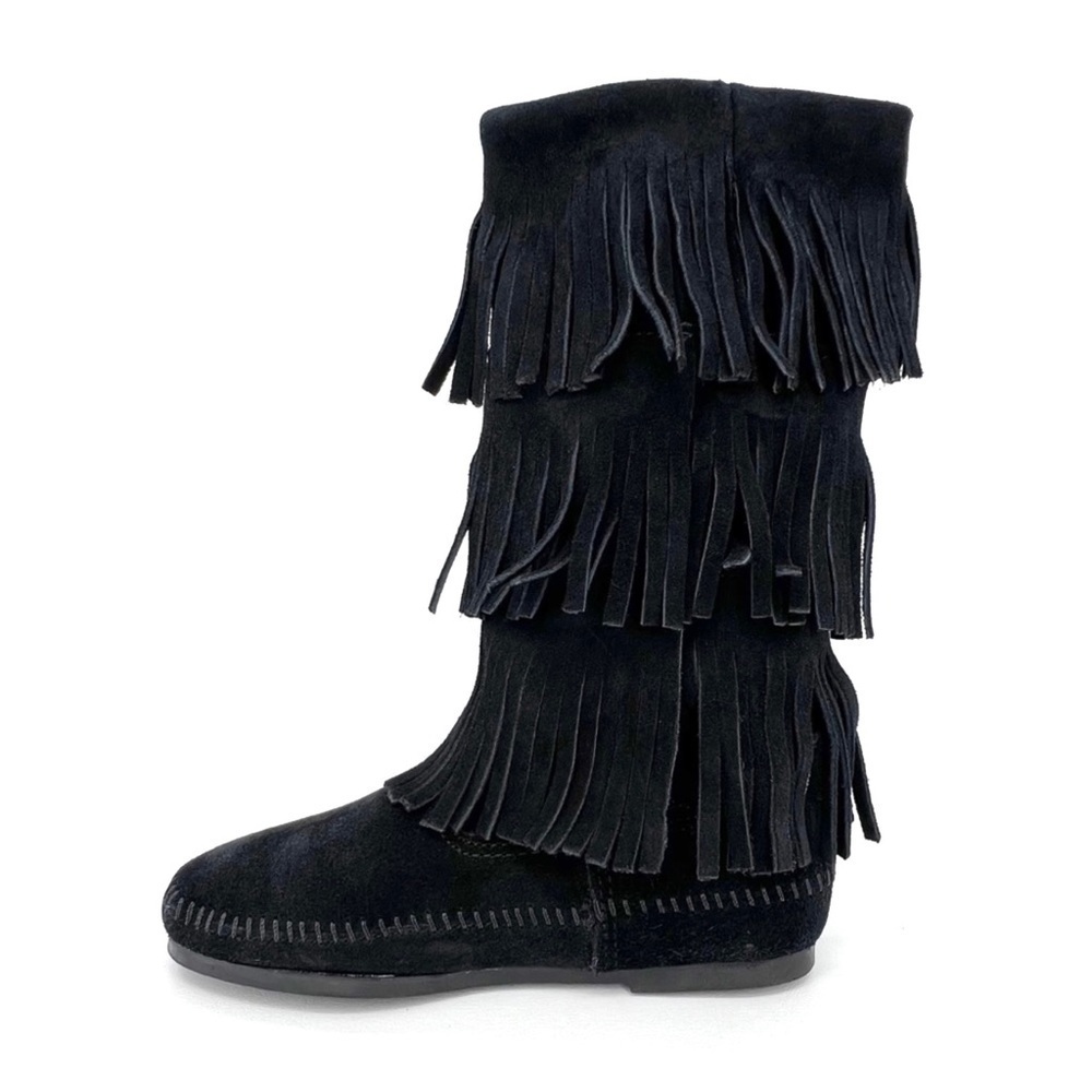Minnetonka Boots 3-Layer Fringe Moccasins Women’s Size 6 Black Suede New - Picture 4 of 11